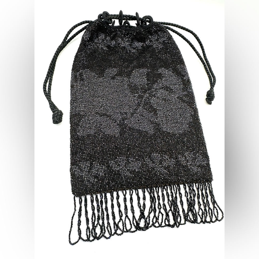 Antique Black Beaded Reticule Drawstring Bag | Edwardian c.1910s